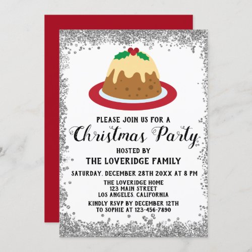 Christmas Pudding Xmas Party Red Silver Glitter Invitation