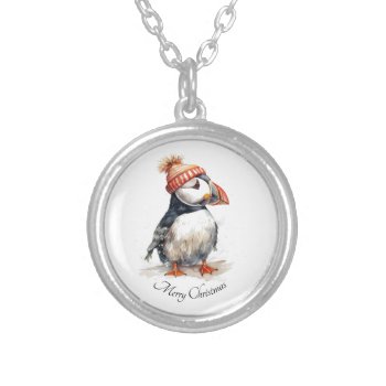 Christmas Puffin Silver Plated Necklace by Fun_Learning at Zazzle