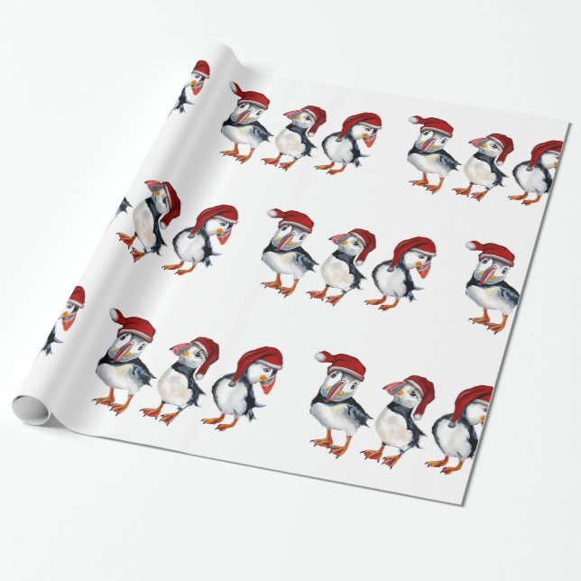 Christmas Puffins Wrapping Paper (Unrolled)