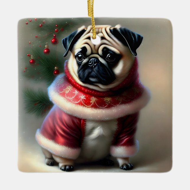 Christmas Pug Ceramic Ornament (Front)