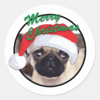 Christmas Pug - Classic Round Sticker, Glossy Classic Round Sticker