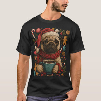 Christmas Pug Cozy Holiday Dog with Cocoa  T-Shirt