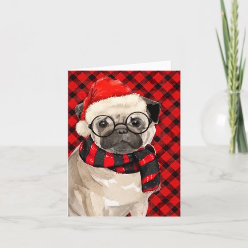 Christmas Pug Dog and Red Black Plaid Holiday Card