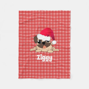 Christmas Pug Dog on Red Plaid Fleece Blanket