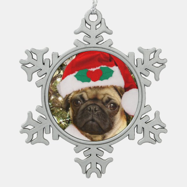 Christmas pug dog snowflake pewter christmas ornament (Front)