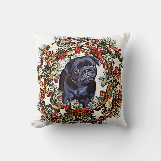 Christmas pug dog throw pillow (Front)