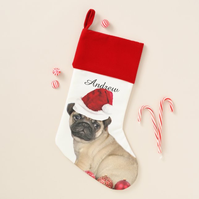 Christmas Pug dog velvet lined stocking (Front)