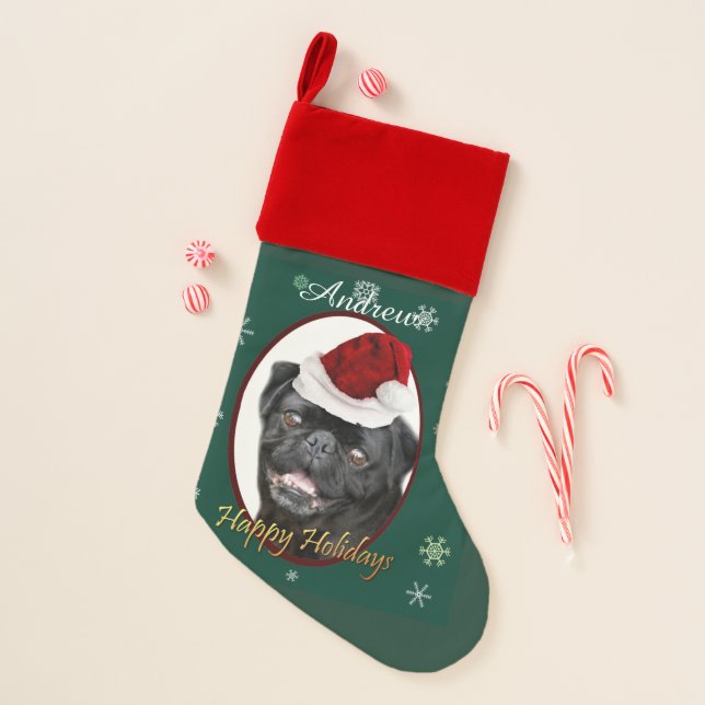 Christmas Pug dog velvet lined stocking (Front)