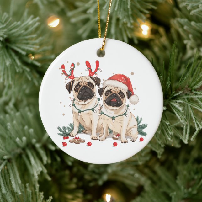 Christmas Pug Dogs Ceramic Ornament (Tree)