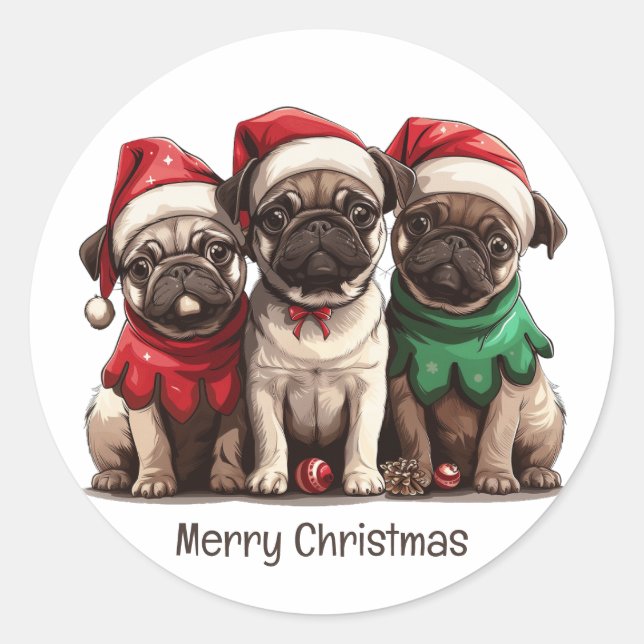 Christmas Pug Dogs Classic Round Sticker (Front)