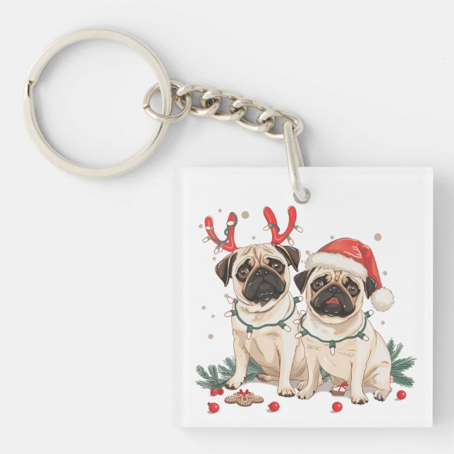 Christmas Pug Dogs Keychain (Front)