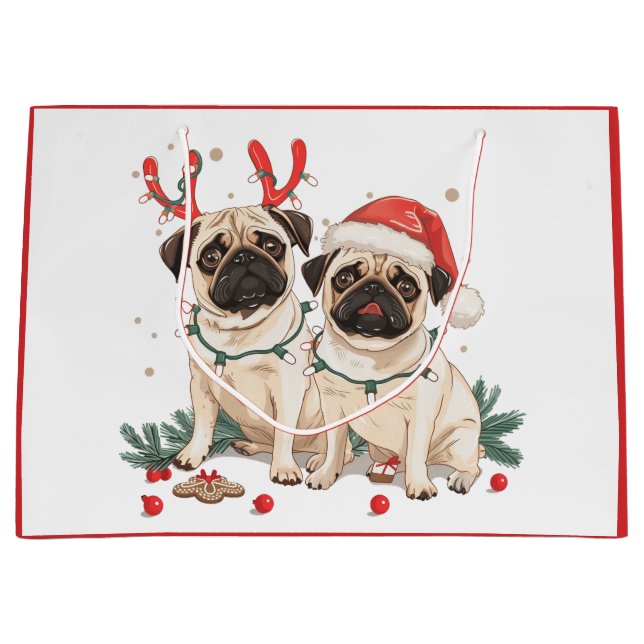 Christmas Pug Dogs Large Gift Bag (Front)