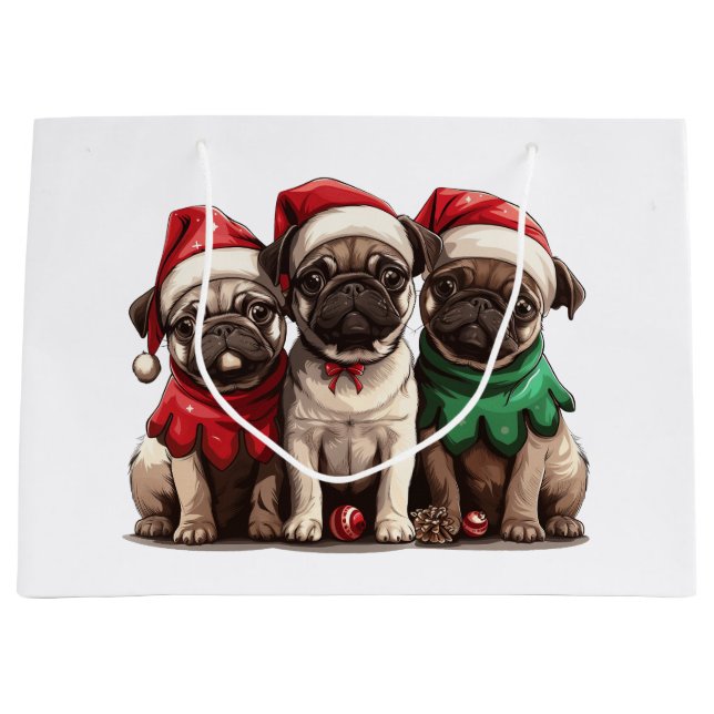 Christmas Pug Dogs Large Gift Bag (Front)