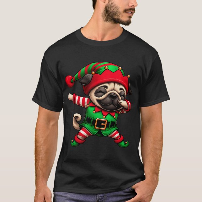 Christmas Pug Elf Funny Pug Lover T-Shirt (Front)