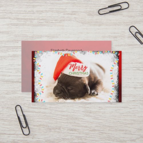 Christmas Pug in Santa Hat with Christmas Lights Business Card