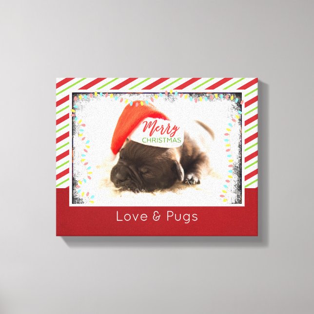 Christmas Pug in Santa Hat with Christmas Lights Canvas Print (Front)