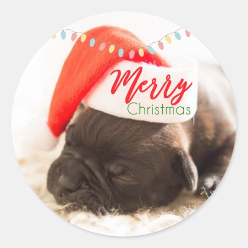 Christmas Pug in Santa Hat with Christmas Lights Classic Round Sticker