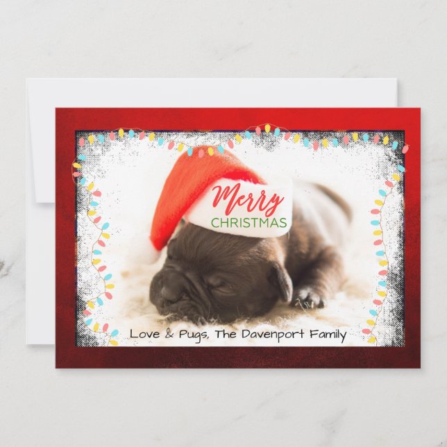 Christmas Pug in Santa Hat with Christmas Lights Holiday Card (Front)