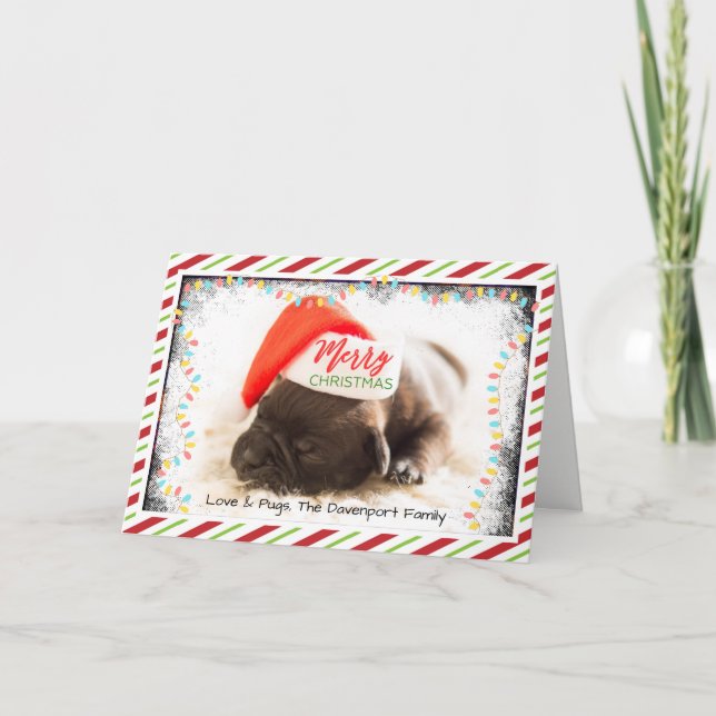 Christmas Pug in Santa Hat with Christmas Lights Holiday Card (Front)