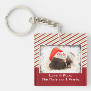 Christmas Pug in Santa Hat with Christmas Lights Keychain