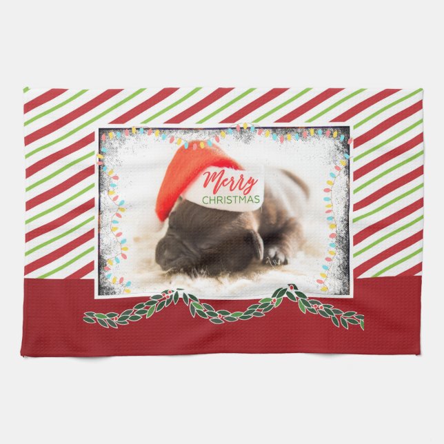 Christmas Pug in Santa Hat with Christmas Lights Kitchen Towel (Horizontal)