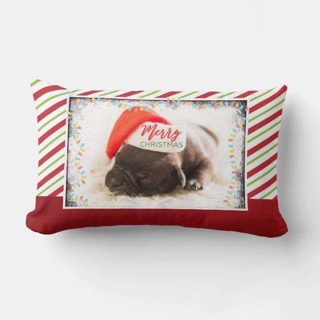 Christmas Pug in Santa Hat with Christmas Lights Lumbar Pillow (Front)