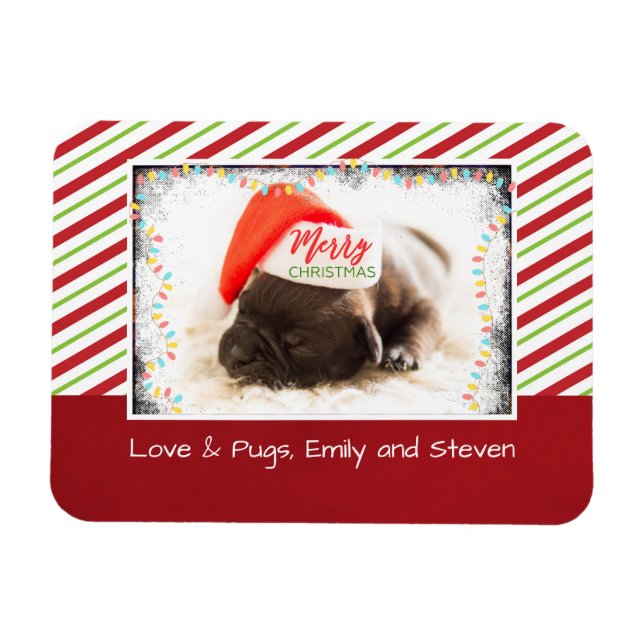 Christmas Pug in Santa Hat with Christmas Lights Magnet (Horizontal)