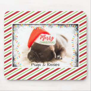 Christmas Pug in Santa Hat with Christmas Lights Mouse Pad