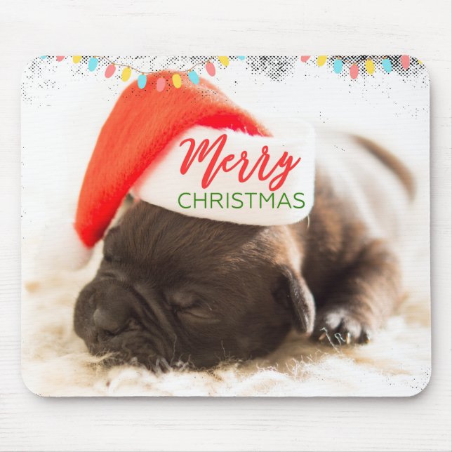 Christmas Pug in Santa Hat with Christmas Lights Mouse Pad (Front)