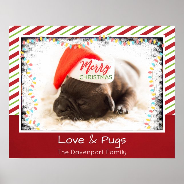 Christmas Pug in Santa Hat with Christmas Lights Poster (Front)