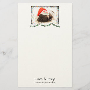 Christmas Pug in Santa Hat with Christmas Lights Stationery