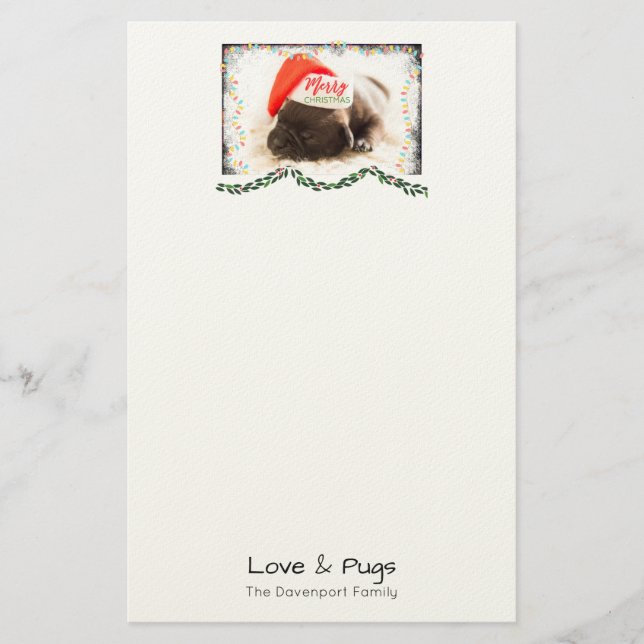 Christmas Pug in Santa Hat with Christmas Lights Stationery (Front)