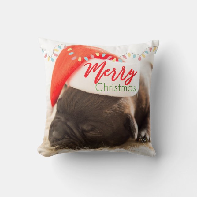 Christmas Pug in Santa Hat with Christmas Lights Throw Pillow (Front)