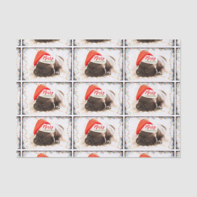 Christmas Pug in Santa Hat with Christmas Lights Tissue Paper (Front)