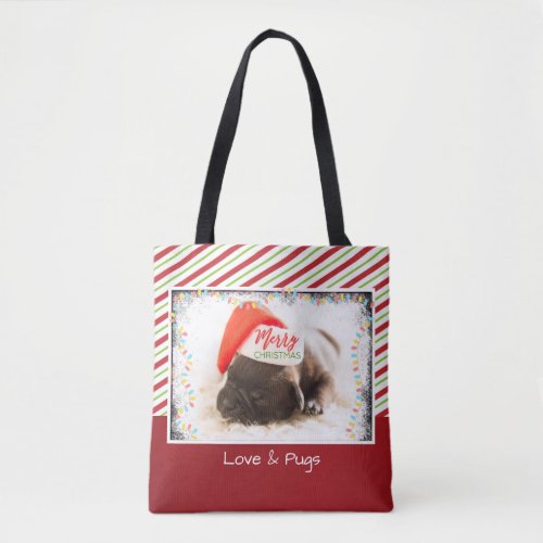 Christmas Pug in Santa Hat with Christmas Lights Tote Bag