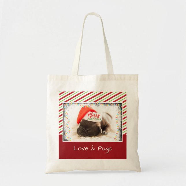 Christmas Pug in Santa Hat with Christmas Lights Tote Bag (Front)