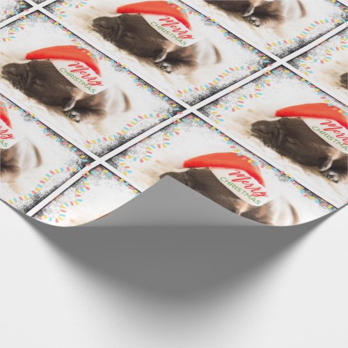 Christmas Pug in Santa Hat with Christmas Lights Wrapping Paper