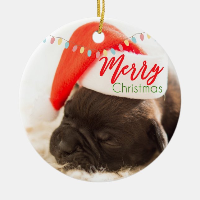 Christmas Pug in Santa Hat with Festive Lights Ceramic Ornament (Front)