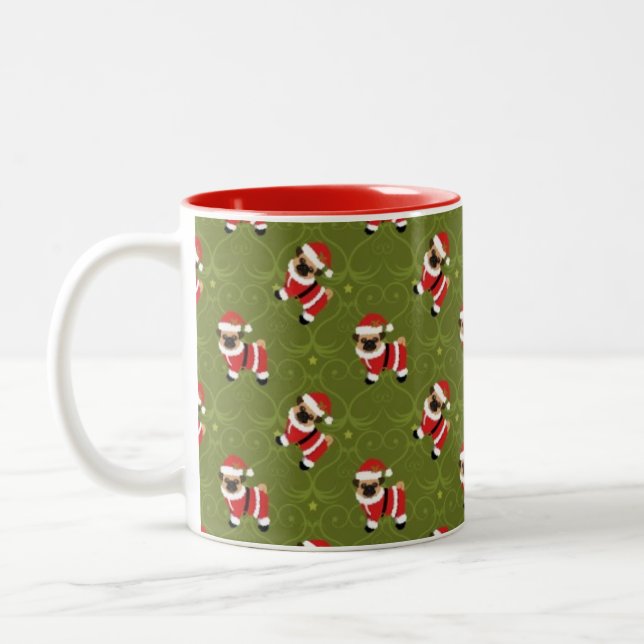 Christmas pug in santa suit with swirly pattern Two-Tone coffee mug (Left)