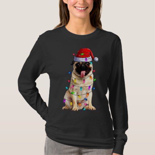 Christmas Pug lights Santa Hat Decorations T_Shirt