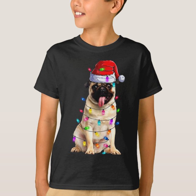 Christmas Pug lights Santa Hat Decorations T-Shirt (Front)