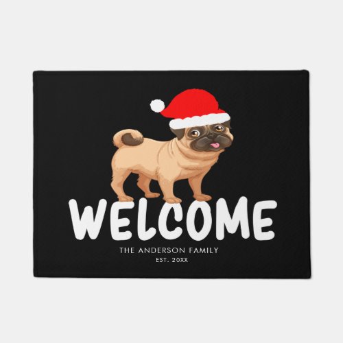 Christmas Pug Personalized Black Doormat