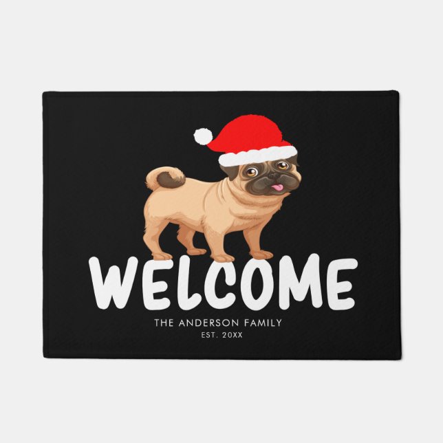 Christmas Pug Personalized Black Doormat (Front)