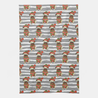 Christmas Pug Portrait Pattern Kitchen Towel