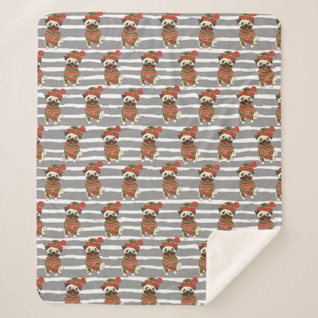 Christmas Pug Portrait Pattern Sherpa Blanket (Front)