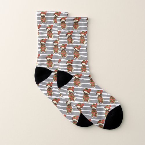Christmas Pug Portrait Pattern Socks