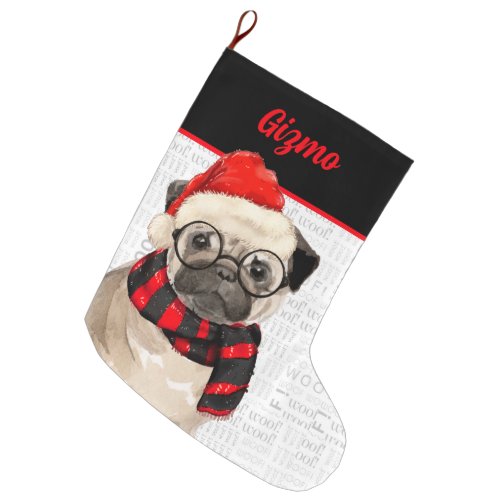 Christmas Pug Red and Black with Dogs Name Large Christmas Stocking