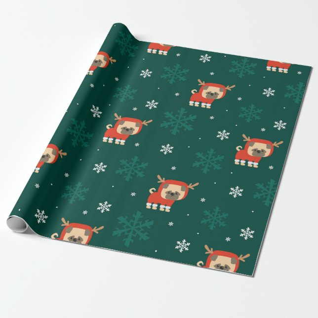 Christmas Pug Reindeer Pattern Wrapping Paper (Unrolled)