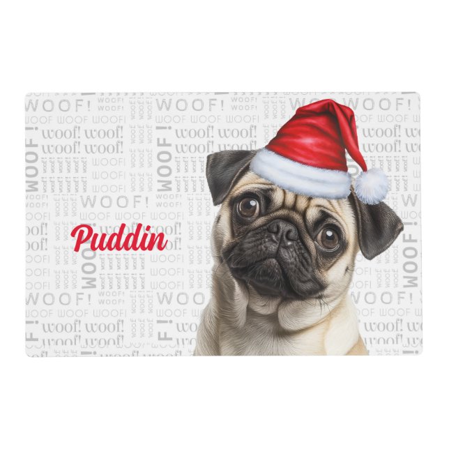 Christmas Pug Santa Dog with Name Pet Placemat (Front)
