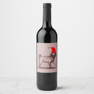 Christmas Pug Wine Label